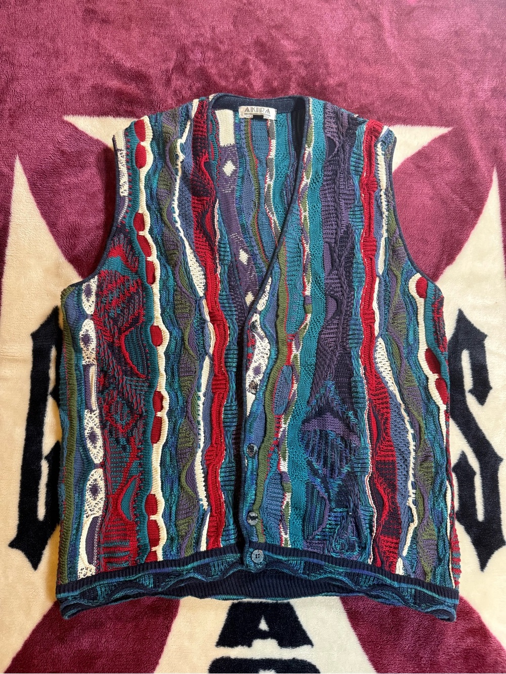 AKIRA Multicolor Striped Knit Button-Up Vest - Teal, Purple, Red, Cream, Navy
